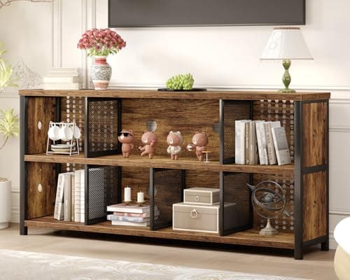 LVB Rustic Horizontal Bookshelf, Industrial Metal Wood Storage Organizer