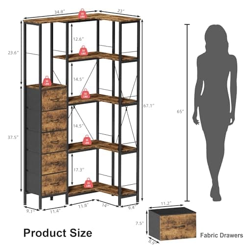 Industrial Convertible Corner Bookshelf with Drawers & Display Shelf, Large Wood Shelf in Rustic Brown