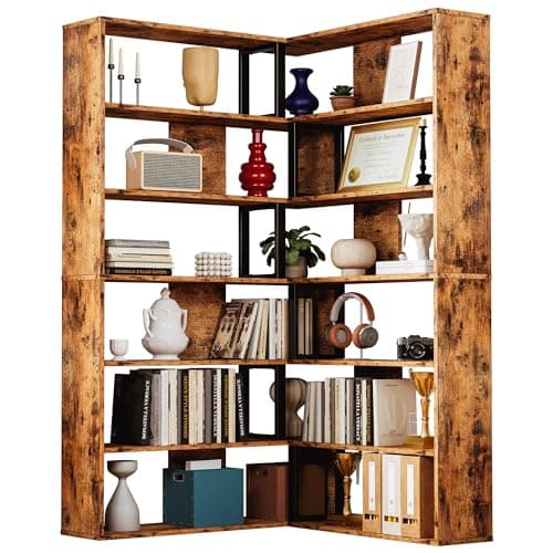 IRONCK 6-Tier Industrial Brown Corner Bookshelves for Home Office and Living Room