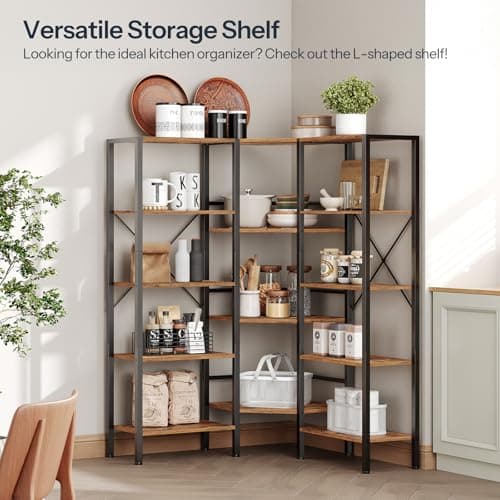 HOOBRO BF68SJ01 5-Tier L-Shaped Rustic Brown & Black Bookshelf