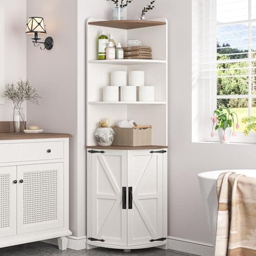 Vintage Grey Farmhouse Corner Cabinet with Barn Doors, 6 Shelves, 65.16" Tall