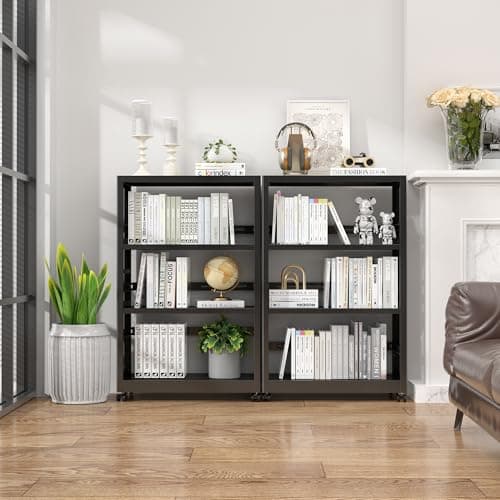 Heavy Duty Black Metal 3 Tier Rolling Bookshelf with Adjustable Feet - Assembly Required