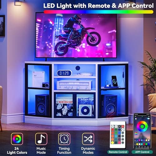 YITAHOME 47-Inch Modern Corner TV Stand with Storage and LED Light for Living Room or Bedroom, White