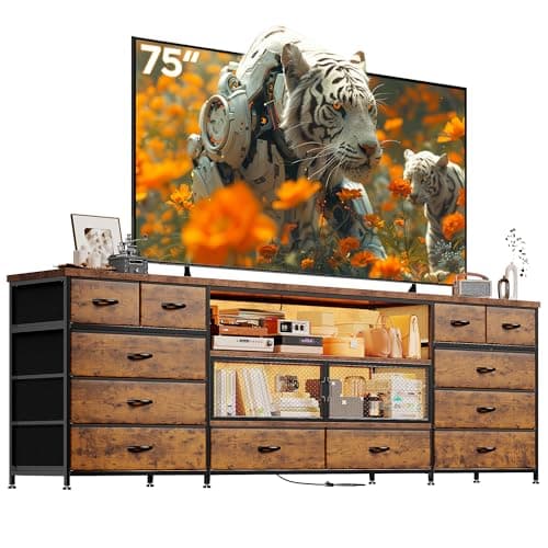 EnHomee 71" TV Stand for 85/80/75 Inch TVs with LED & Charging, Large White Console
