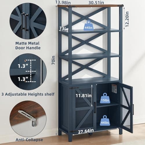 Navy Blue 5 Tier 70" Tall Barn Door Bookshelf for Living Room and Kitchen