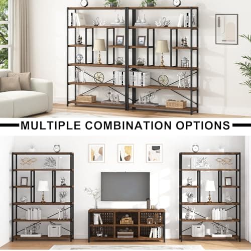 Vintage Brown Metal Wood 6 Tier Bookshelf for Living Room and Bedroom