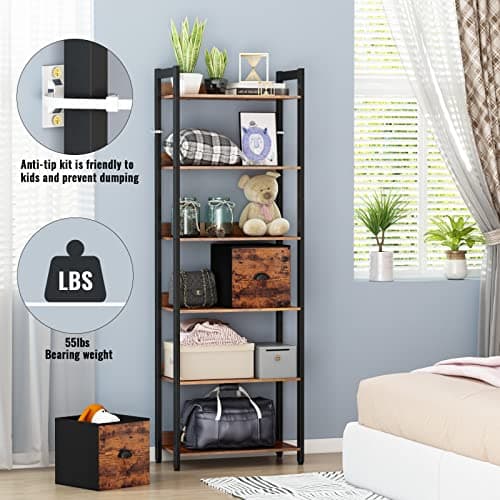 Furologee 6-Tier Rustic Brown Bookshelf with Drawers for Home Office