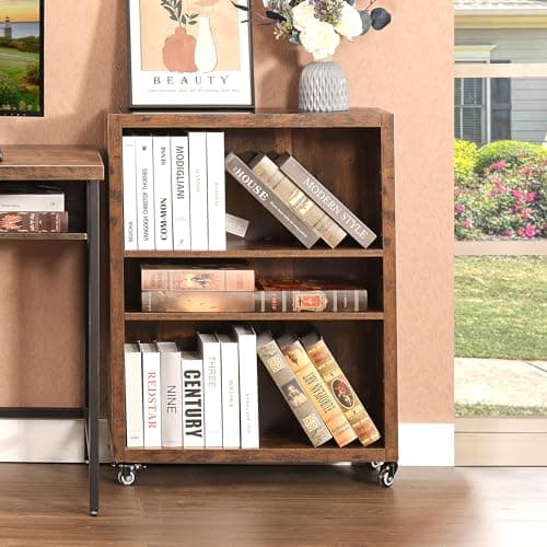 Industrial Style 3-Tier Bookshelf with Wheels and Adjustable Shelves