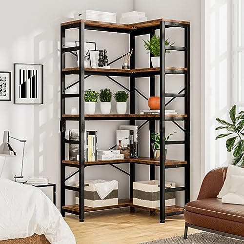 NUMENN 5 Tier Corner Bookshelf, Modern Tall Storage Display for Home Office, Living Room & Bedroom