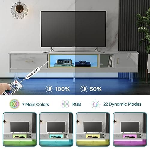Modern TV Stand for 85 inch TV with Storage Drawer & Cabinets in White Gold