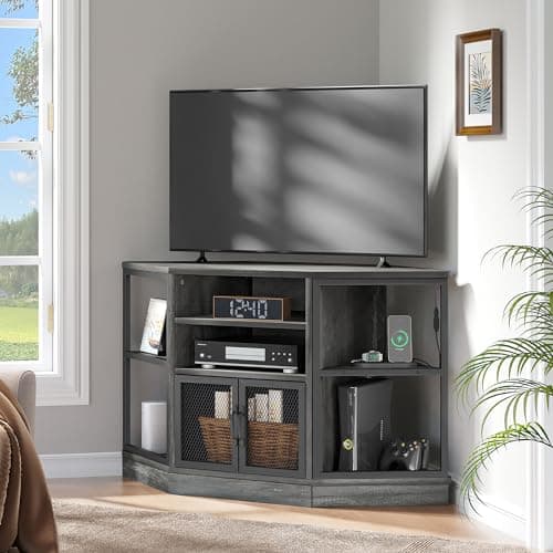 Modern Corner TV Stand with LED Light and Storage Cabinets, Dark Grey 47 Inch