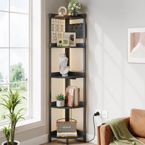 Dripex 5 Tier Black Corner Shelf with Power Outlets & Strip Lights