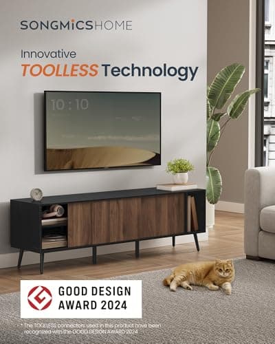 SONGMICS ULTV533B01 TV Stand, 72 Inch Max, Toolless Assembly, Storage Cabinet, Natural Walnut/Ebony Black