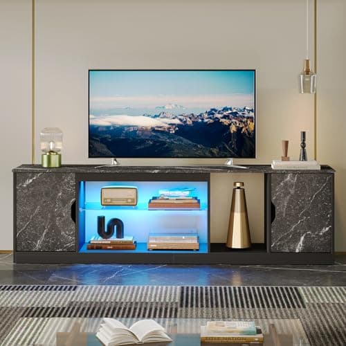 Bestier Washed Gray LED TV Stand & Entertainment Center 70 Inch, Adjustable Glass Shelves, Perfect for TVs up to 80 Inch