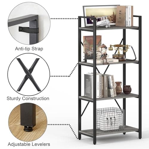 BON AUGURE Dark Gray Oak 4 Tier Bookshelf for Living Room & Office