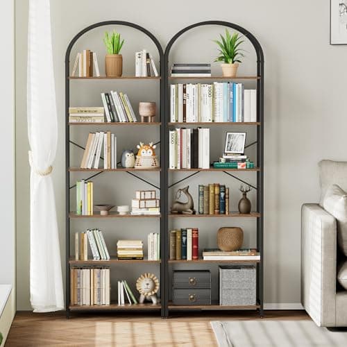 Homhedy 6-Tier Arched Wood & Metal Bookshelf, Tall Standing Display Unit, Rustic Brown