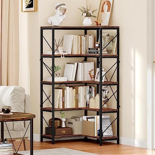 YITAHOME Industrial 5 Tier Corner Bookshelf, Large Rustic Brown Display Rack