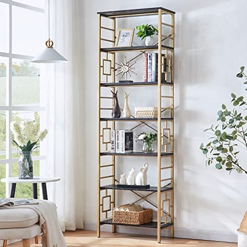 Industrial 7-Tier Tall Bookshelf with Metal Frame, Open Shelves, Rustic Brown Finish for Office, Living Room, Bedroom - 84 Inch