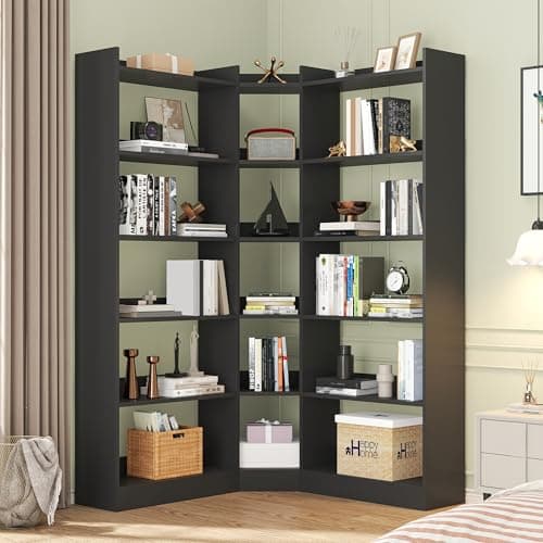 Industrial Black 6-Tier L-Shaped Corner Bookshelf with Baffle_storage Rack