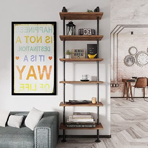 Rustic 6 Tier Wall Ladder Bookshelf for Living Room, Kitchen, Office