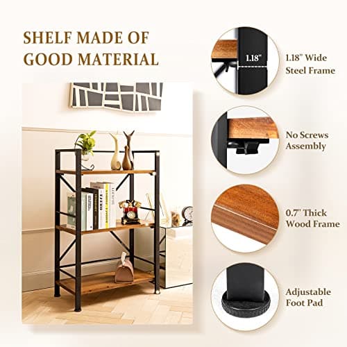Crofy Rustic 3 Tier Wood Bookshelf, Black Storage Case