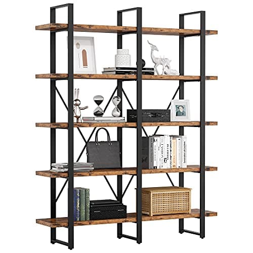 IRONCK Double Wide 5 Tier Wood & Metal Bookshelf, Large Open Shelves, Home Office Furniture, Easy Assembly