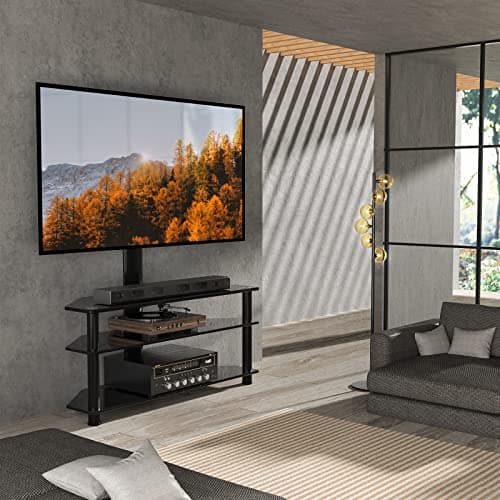 5Rcom Corner TV Stand with Mount, 3 Tier Tempered Glass Shelves, 32-75 Inch TVs, Max VESA 600X400mm