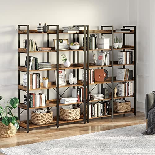 Industrial Wooden 6 Tier Bookshelf with 4 Hooks, Vintage Storage Rack, Rustic Brown