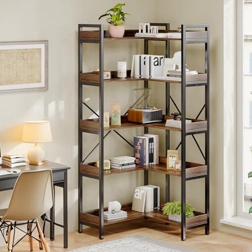 Modern 5-Tier Rustic Brown L-Shaped Bookshelf for Living Room/Office/Bedroom