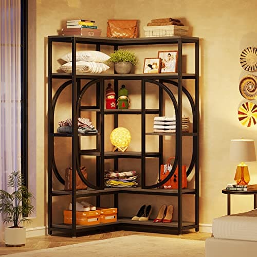 Tribesigns Large Grey Corner Bookshelf with Storage for Living Room and Office