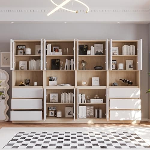 VOWNER 5-Tier Modern Bookcase with 3 Drawers & Glass Display Shelf