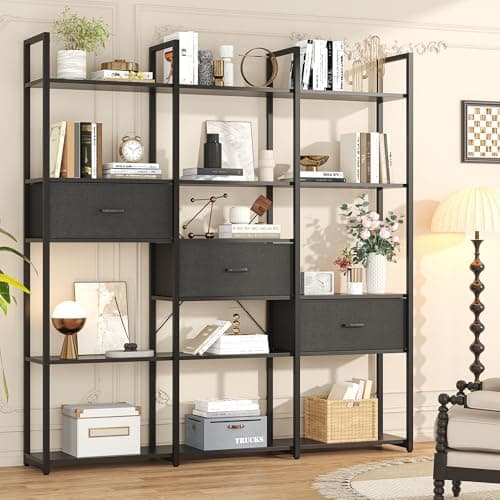 Semoic 3-Tier Industrial Wood Bookshelf, Brown Metal Frame, Living Room & Study Storage Organizer
