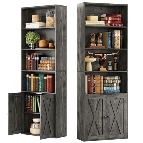 Industrial Bookshelves Set of 2 with Doors and 6 Shelves for Home Office and Living Room