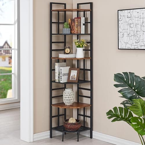 Industrial Corner Shelf for Home Office and Living Room - Brown