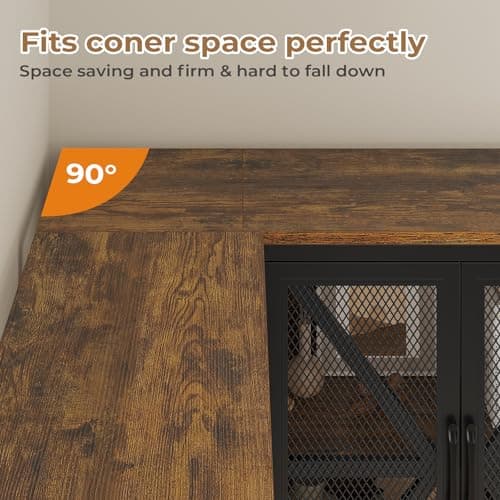 Industrial 6 Tier Bookshelf with Fabric Drawers - Large Corner L-Shaped Shelf - Rustic Brown