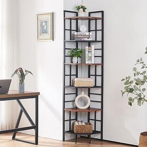 Industrial Corner Shelf for Home Office and Living Room - Brown