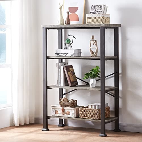 HOMBAZAAR Grey Industrial 4 Tier Bookshelf, Engineered Wood & Metal Deep Bookcases