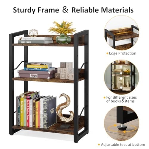 Rustic Brown 3-Tier Industrial Bookshelf for Home Office and Bedroom