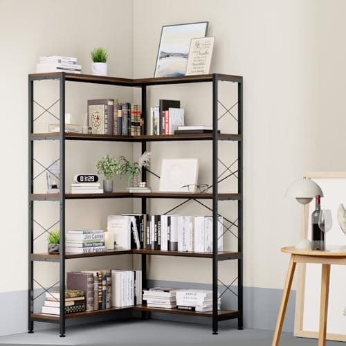 Industrial 5-Tier L-Shaped Bookcase with Metal Frame for Living Room and Office