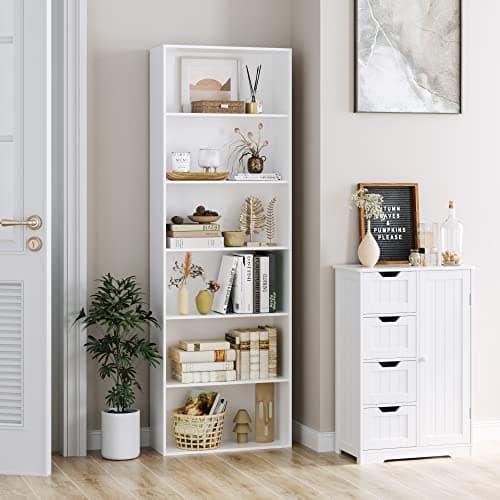Fotosok 6-Tier White Open Bookshelf for Living Room, Bedroom, and Office