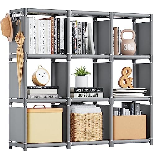 Mavivegue 9 Cube Metal Bookshelf, Grey Storage Organizer for Bedroom and Office