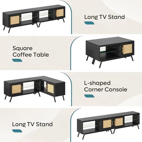 Bestier 80 Black Rattan TV Stand for 85 TV with Storage and LED Lights