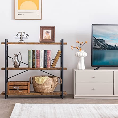 HCHQHS 3-Tier Rustic Wood and Metal Bookshelf