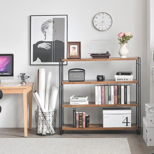 4-Tier HCHQHS Industrial Wood & Metal Bookshelf, Home Office & Bedroom Organizer