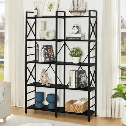 HOMBAZAAR Industrial Double Wide 5 Tier Black Bookshelf