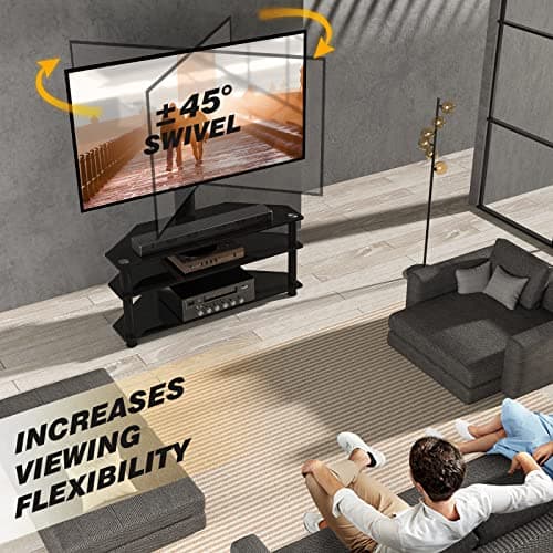 5Rcom Corner TV Stand with Mount, 3 Tier Tempered Glass Shelves, 32-75 Inch TVs, Max VESA 600X400mm