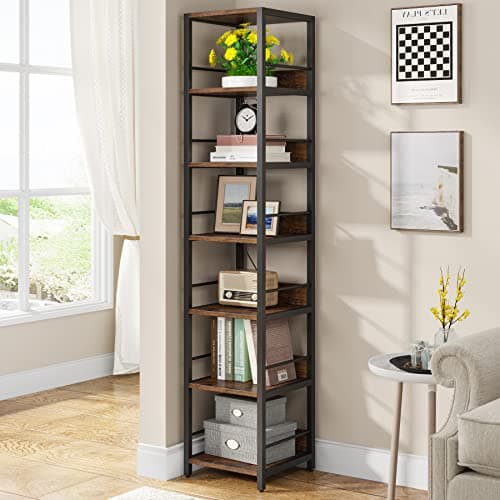 Tribesigns 6-Tier Corner Bookshelf, 75 Inch Tall, Rustic Open Shelf Tower for Living Room & Bathroom Storage