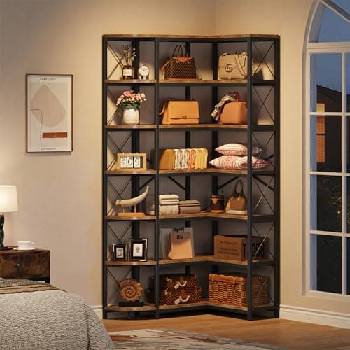 Modern Industrial 7-Shelf Reversible Corner Bookshelf with Metal Frame, Rustic Brown for Living Room, Home Office, Bedro