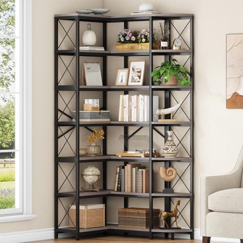 Modern Industrial 7-Shelf Reversible Corner Bookshelf with Metal Frame, Rustic Brown for Living Room, Home Office, Bedro