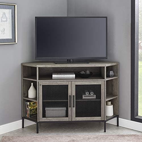 Walker Edison Modern Grey Wash Metal Mesh and Wood TV Stand with Open Shelves, 48 Inch, Up to 55" Flat Screen
